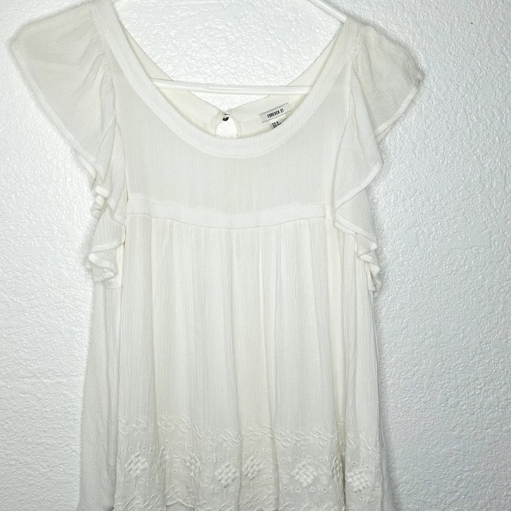 Ivory Light Embroidery Light Ruffle U-Neck Top